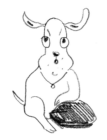 Zeichnung Hund sitzt und schaut nach vorn, Ohren fliegen weit auseinander