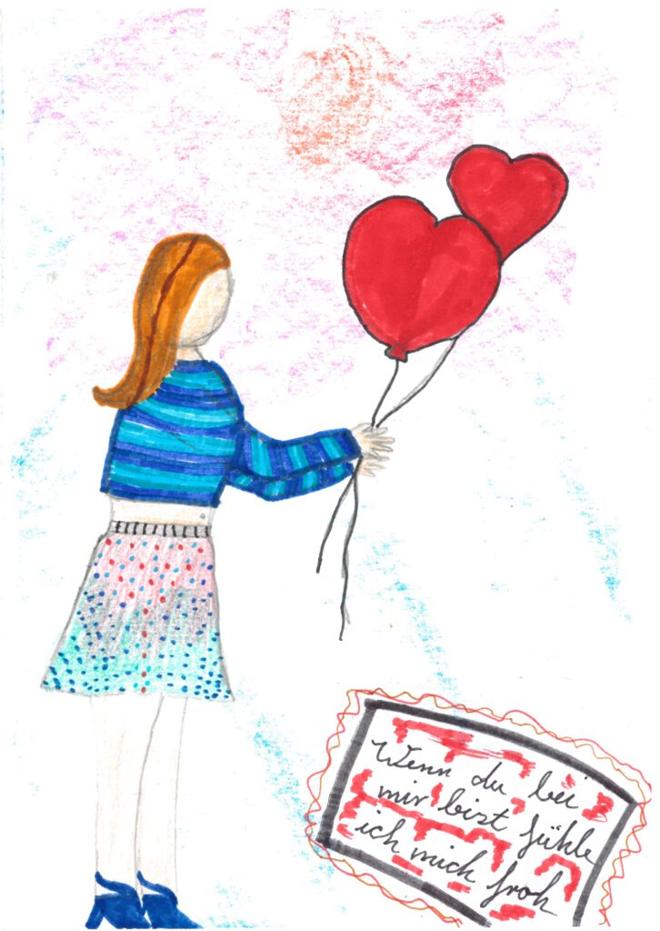 Ein Bild von einem Kind mit roten Herzluftballons. Unten liegt ein Zettel mit dem Satz "Wenn du bei mir bist, bin ich froh."