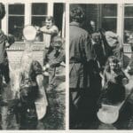 Zu sehen sind zwei Schwarz-Weiß-Fotos, auf denen eine Auszubildende in einem Wasserbottich sitzt, auf dem linken Bild wird ein Eimer Wasser über ihr ausgeschüttet, auf dem rechten Bild sieht sie in die Kamera.