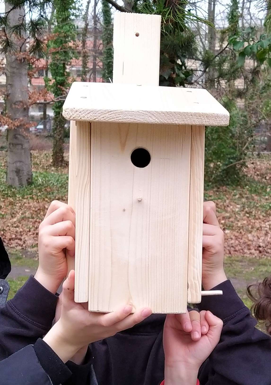 Kinderhände sind zu sehen die einen selbstgebauten Nistkasten aus Holz halten.