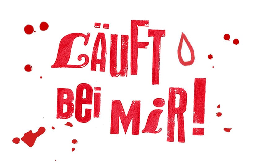 Zu sehen ist ein gestempelter Schriftzug, der Kursname "Läuft bei mir!" in roter Schrift mit roten Klecksen.